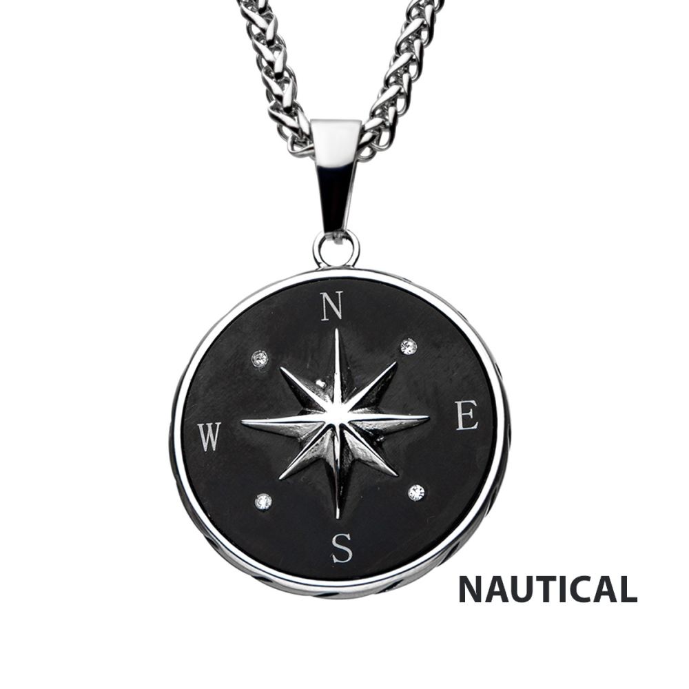 Steel & Black IP Compass Pendant W/ Chain 24"