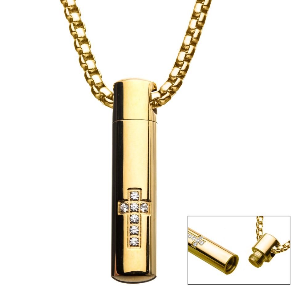 Stainless Steel & Gold IP Memorial Pendant With Clear Cz & Gold IP Box Chain