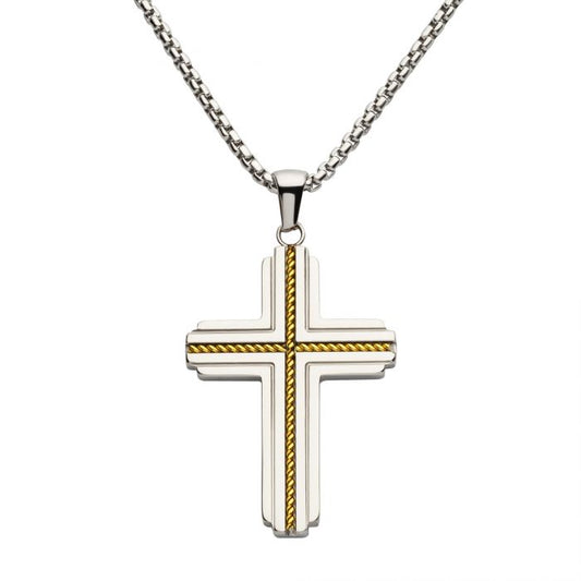 18Kt Gold IP Steel Rope Inlay Two-Tone Cross Pendant With Chain