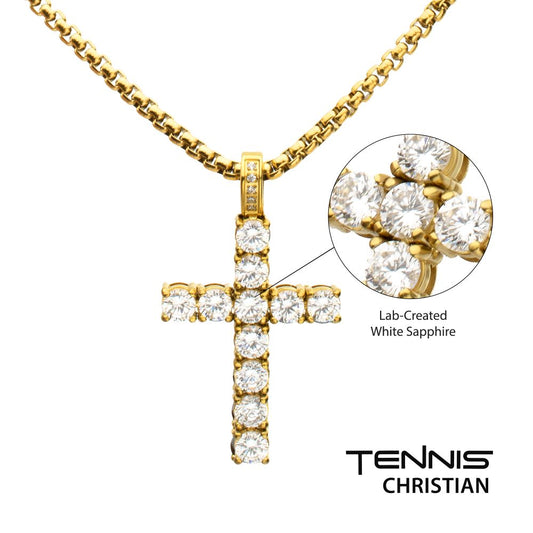 Lab-Created White Sapphire High Polished 18Kt Gold IP Steel Cross Pendant 22"