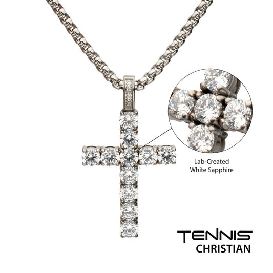 Lab-Created White Sapphire High Polished Stainless Steel Cross Pendant 22"
