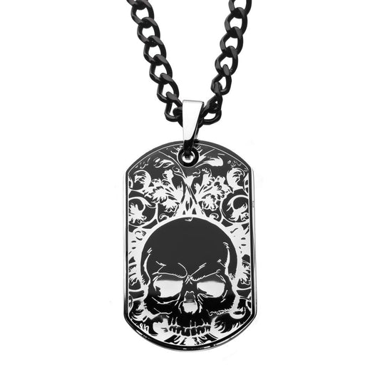 Steel Black IP Skull Design Dog Tag With Chain