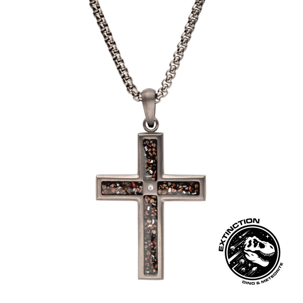 Gunmetal Steel Cross Dinosaur Bone Cz 24"