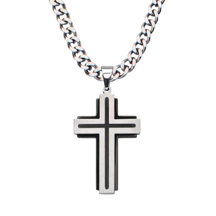 Black & Steel Cross Pendant On Chain 24"