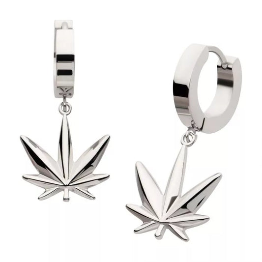 Pot Leaf Steel Dangle Huggies