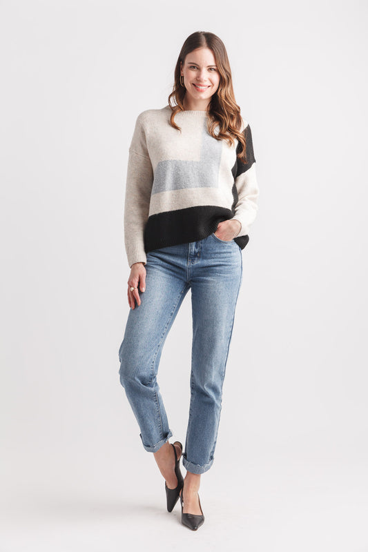 Color Block Sweater With Rib Trim