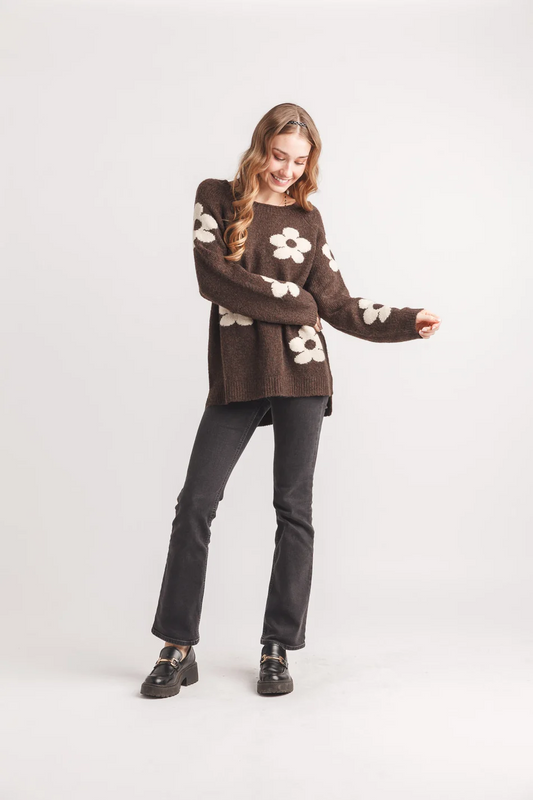 Daisy Floral Intarsia Step Hem Sweater