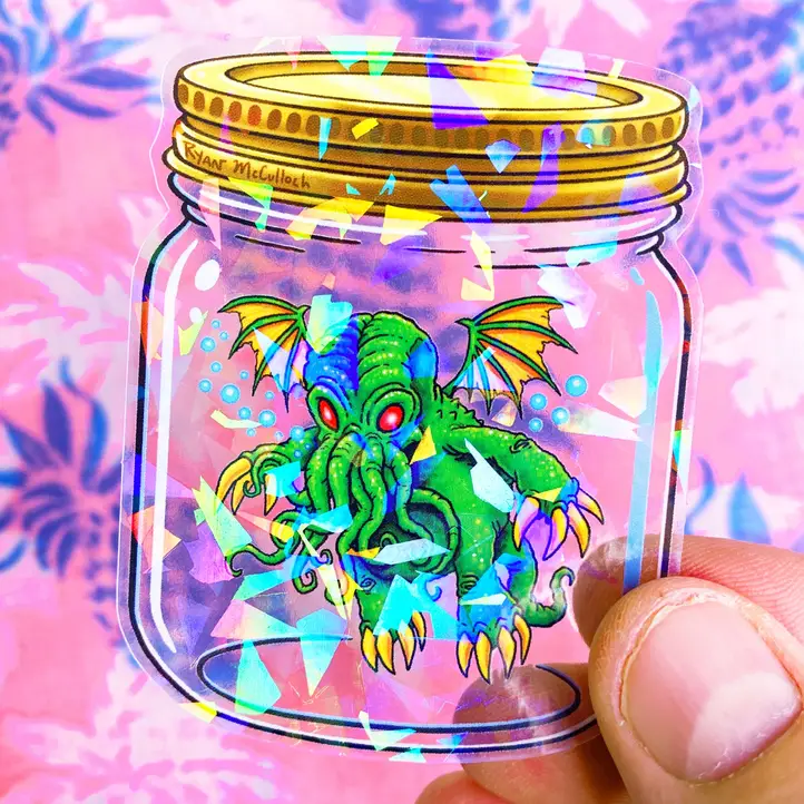 Cthulhu in A Jar Clear Holo Sticker
