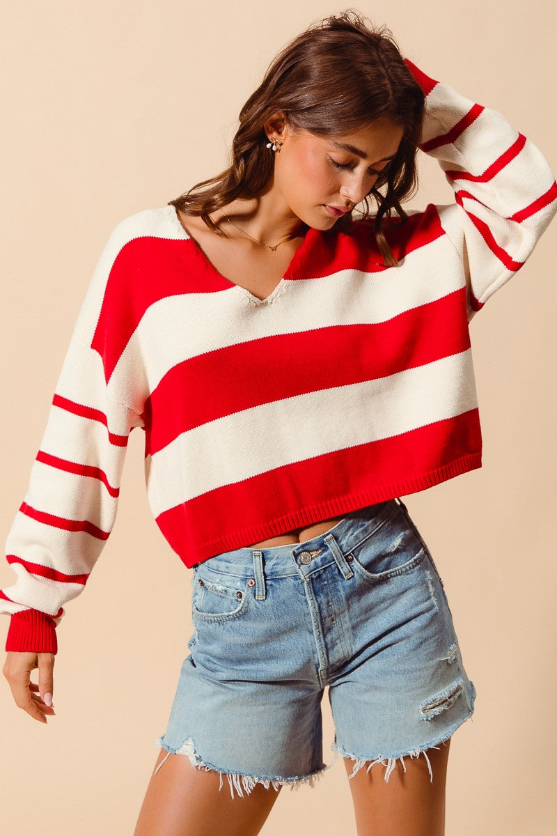 Stripe V Neck Loose Fit Sweater Top