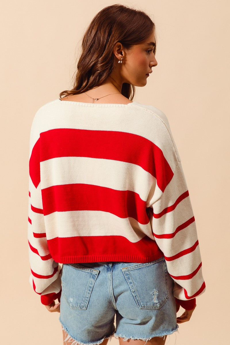 Stripe V Neck Loose Fit Sweater Top