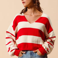 Stripe V Neck Loose Fit Sweater Top