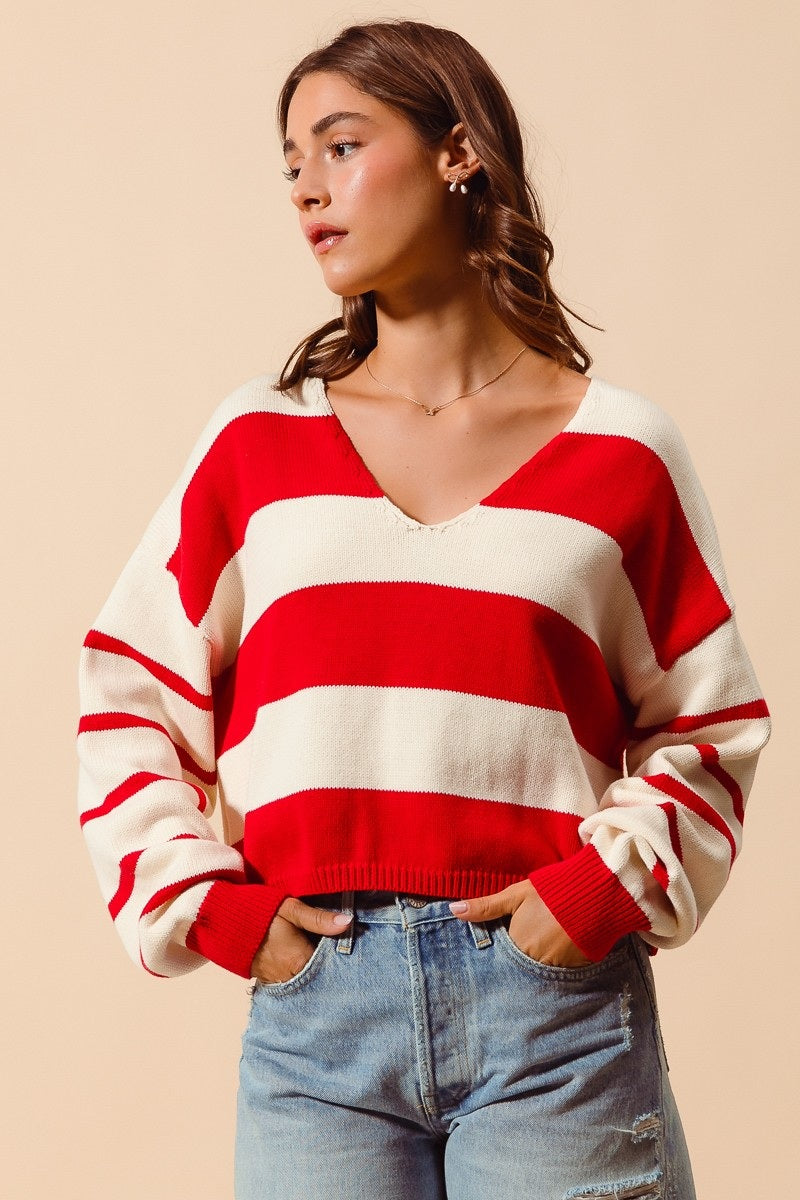 Stripe V Neck Loose Fit Sweater Top