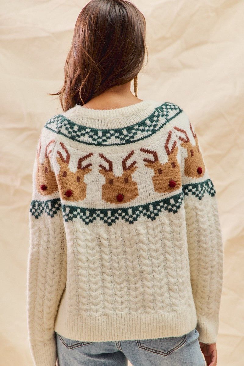 Rudolph Face Pattern Texture Christmas Sweater Top