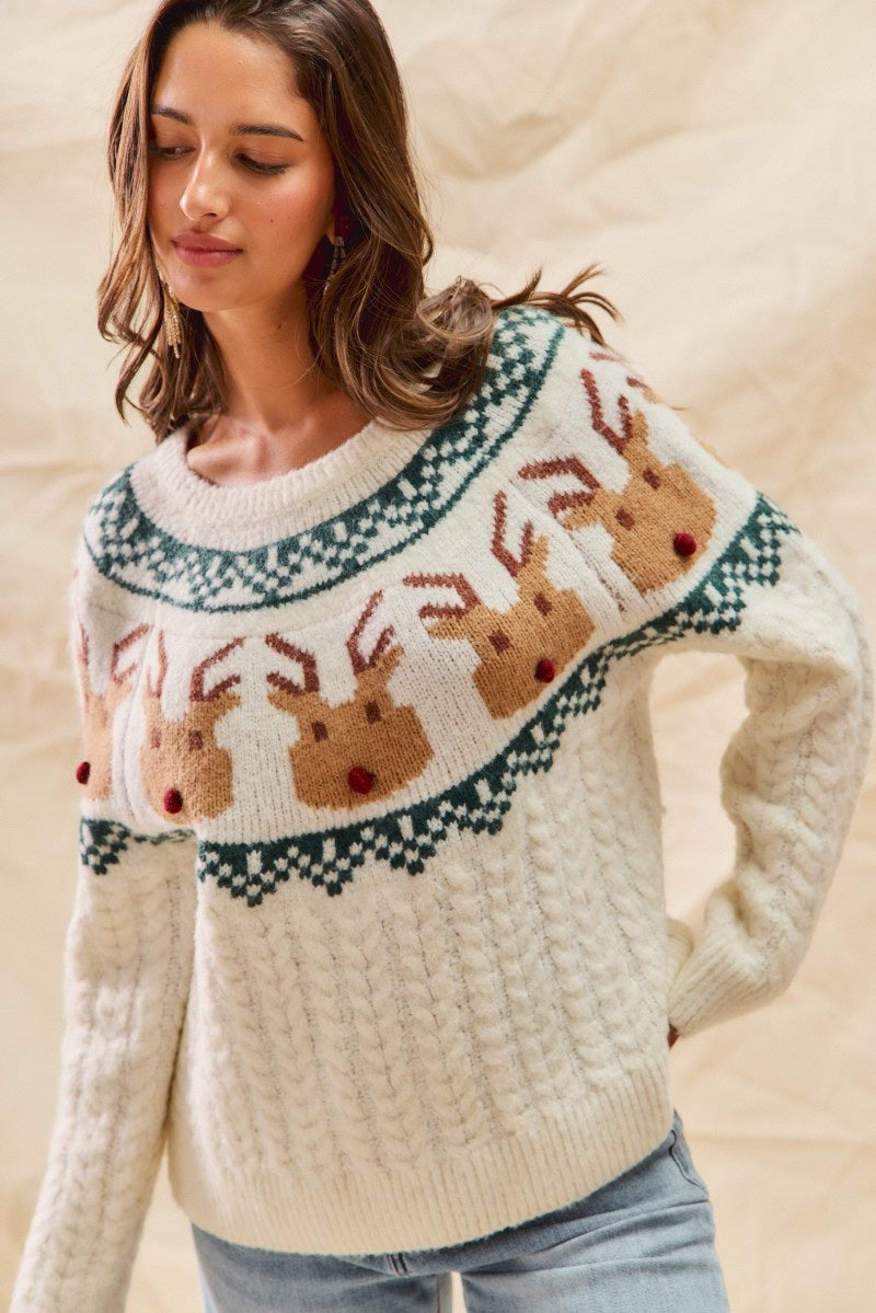 Rudolph Face Pattern Texture Christmas Sweater Top