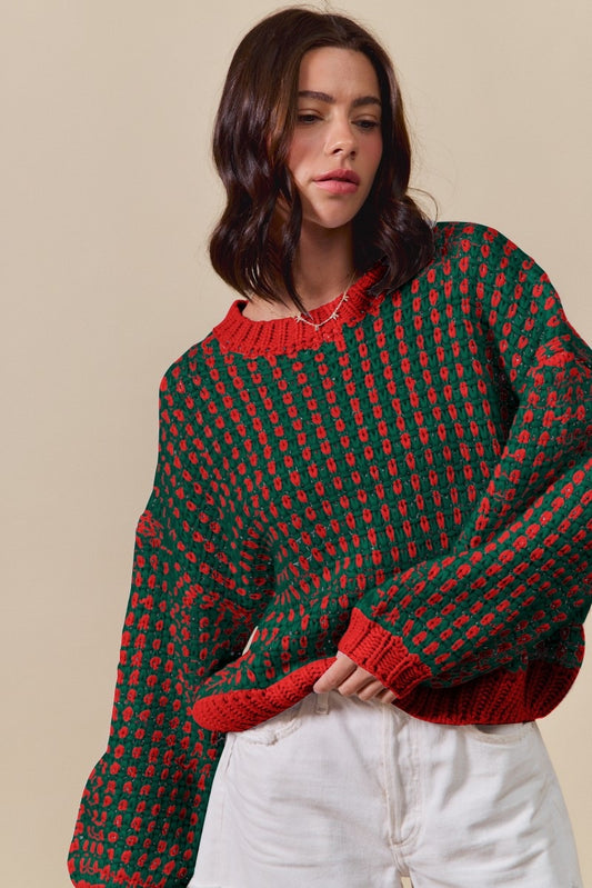 Textured Two Tone Sweater Pull Over Top