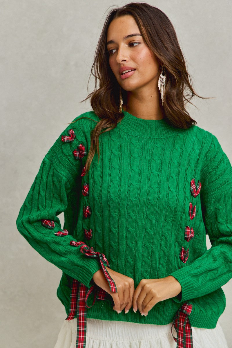 Checkered Plaid Lace Up Sweater