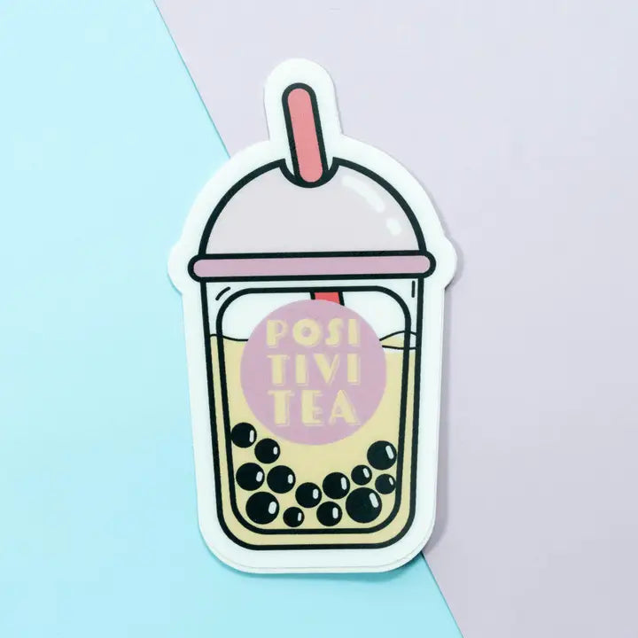 Funny Cute Positivitea Bubble Boba Tea Vinyl Sticker Purple