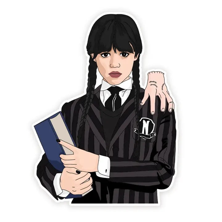 A sticker depicting Wednesday from the series Wednesday holding a book and wearing a school uniform with the hand, Thing, on her shoulder