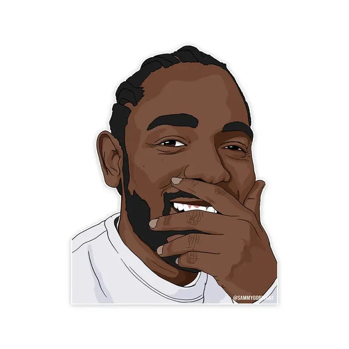 A sticker of an illustration of Kendrick Lamar smiling with his hand over his mouth