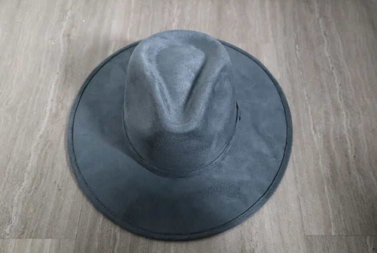 Premium Suede Fedora Hat Stiff Brim Blue Gray