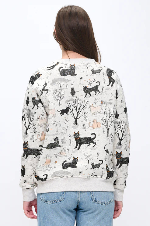 Whimsical Cat Forest Print Sweatshirt