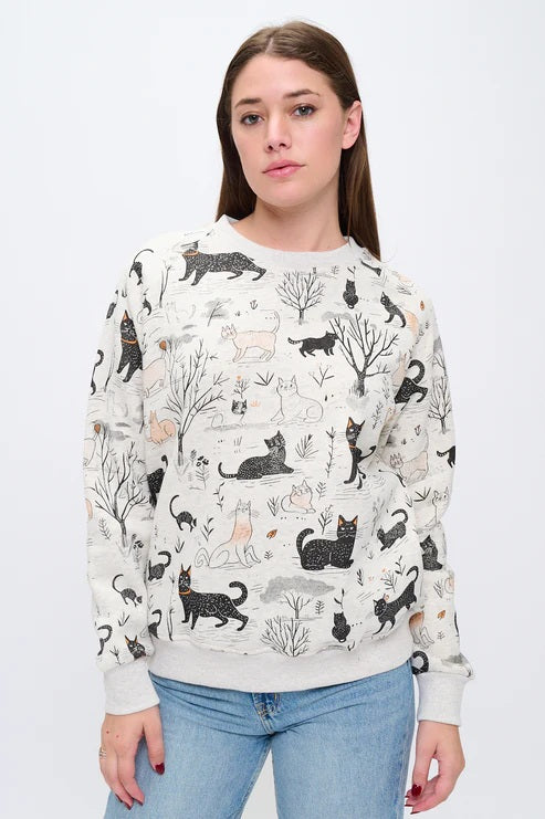 Whimsical Cat Forest Print Sweatshirt