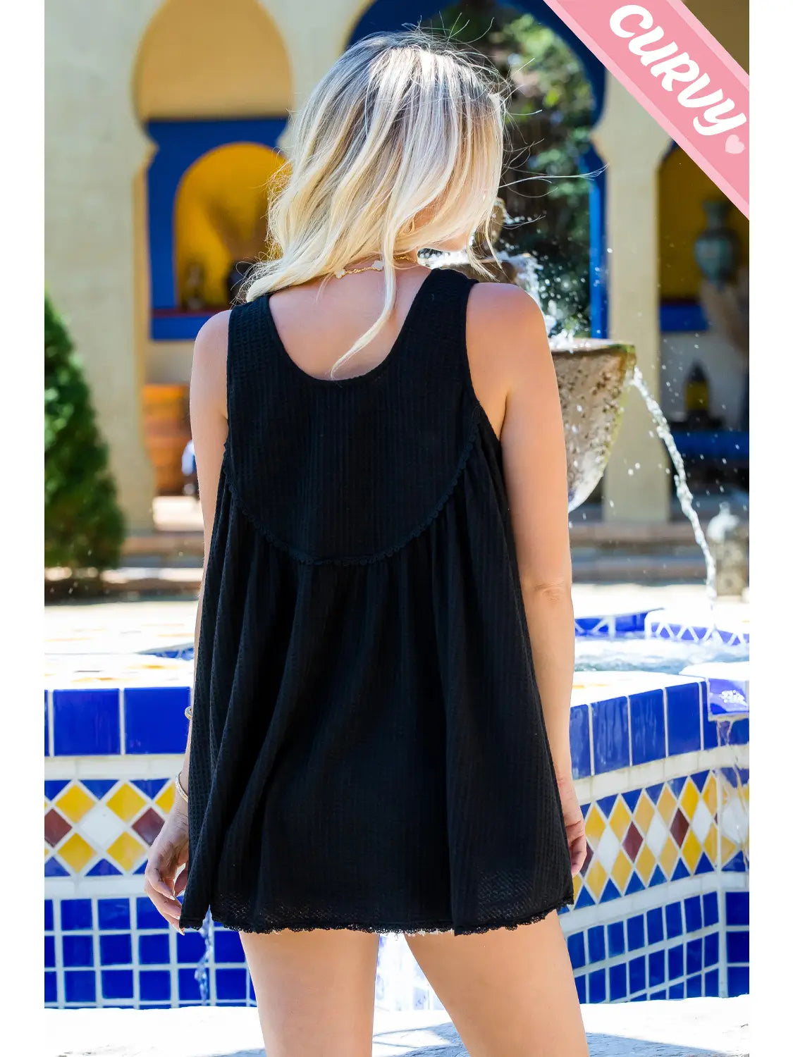 Black Plus Size Lace Trim Button Tank