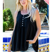 Black Plus Size Lace Trim Button Tank