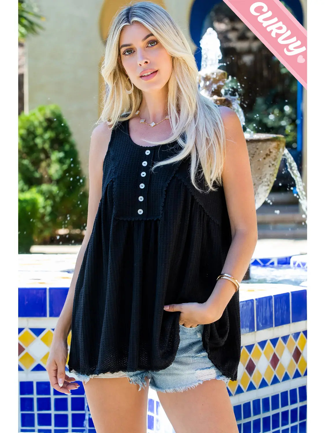 Black Plus Size Lace Trim Button Tank
