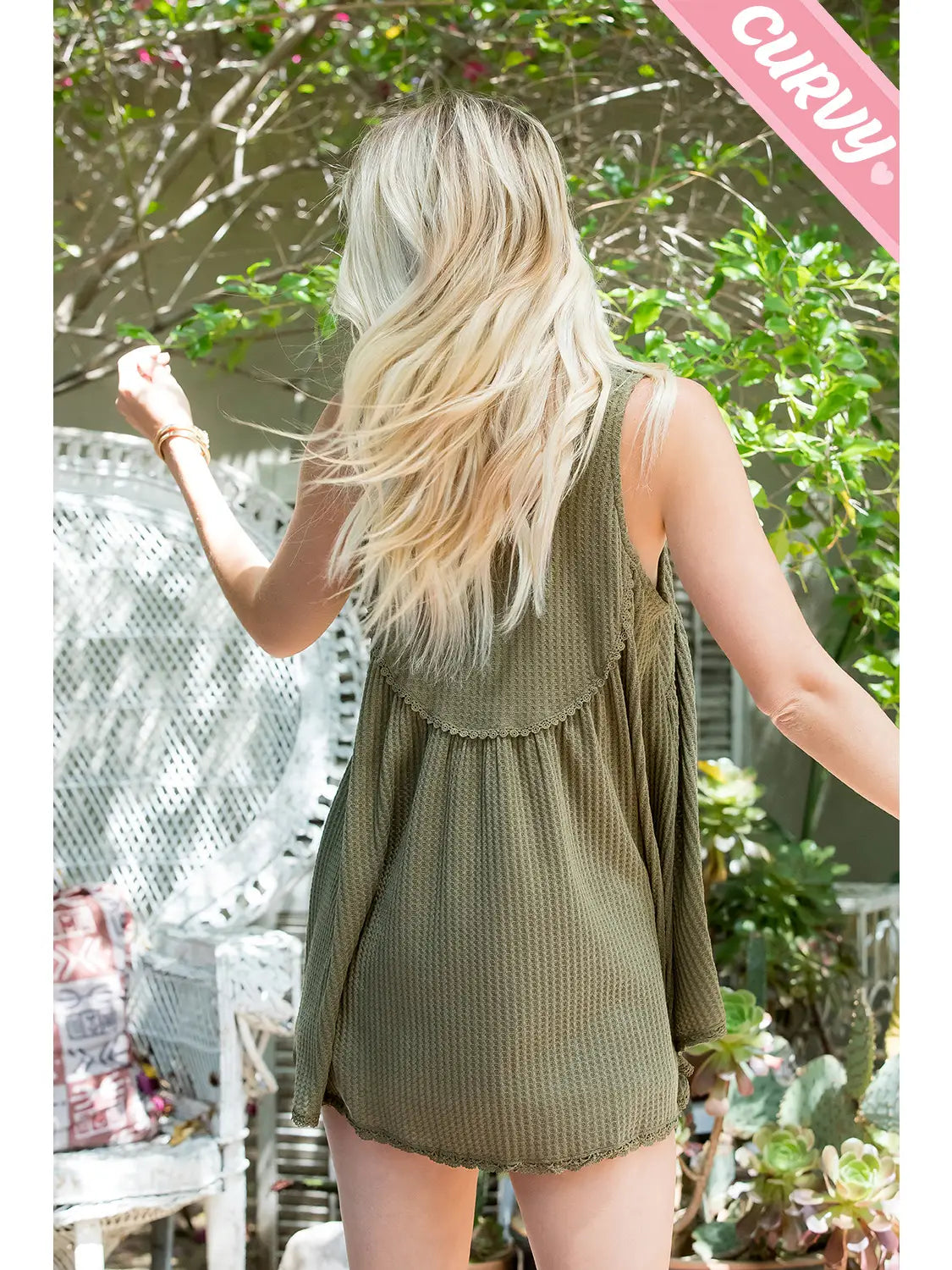 Dusty Sage Plus Size Lace Trim Button Tank