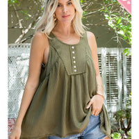 Dusty Sage Plus Size Lace Trim Button Tank