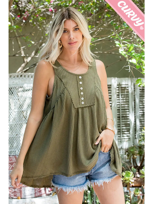 Dusty Sage Plus Size Lace Trim Button Tank