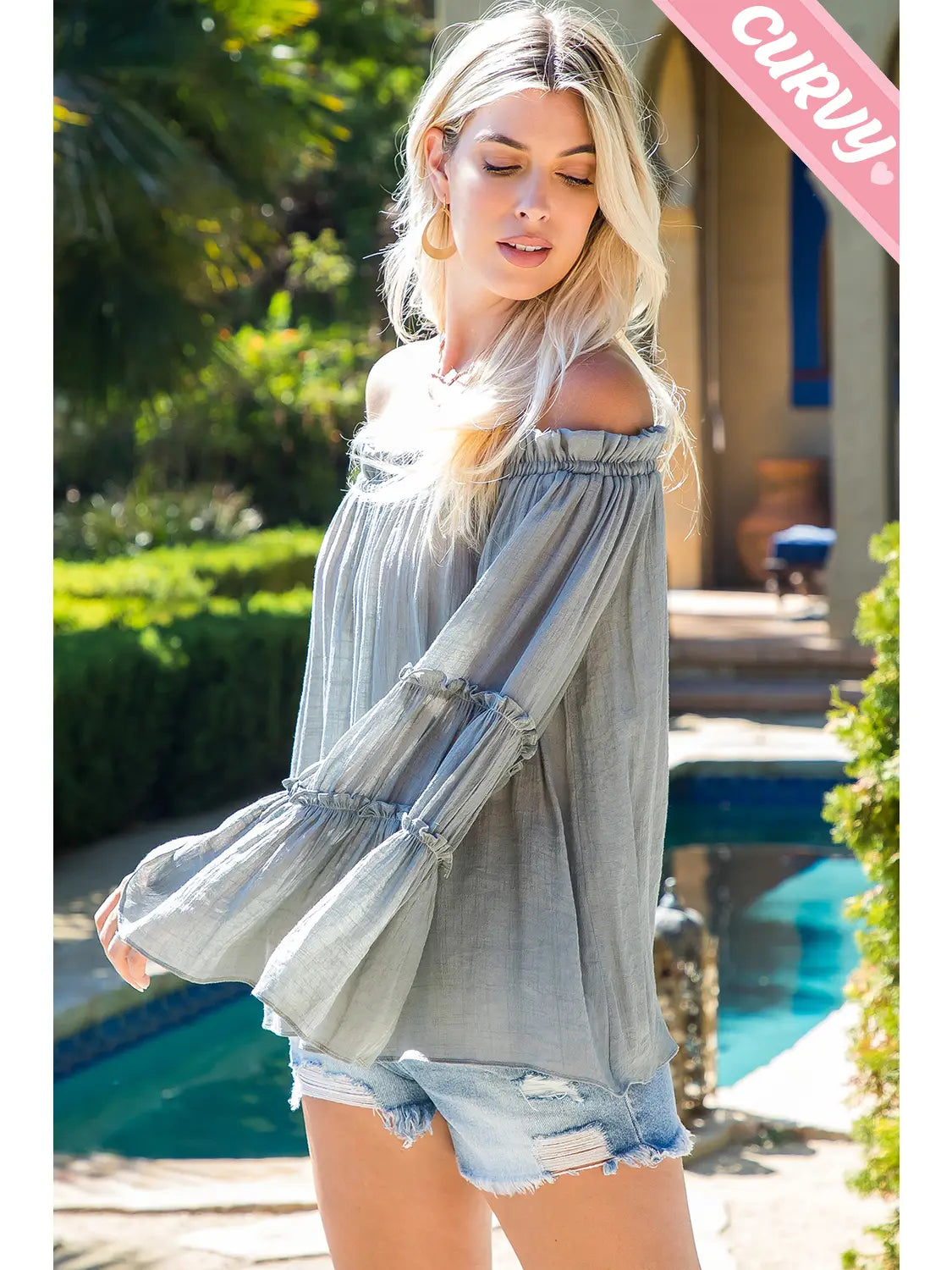 Grey Plus Size Off Shoulder Tiered Sleeve Top