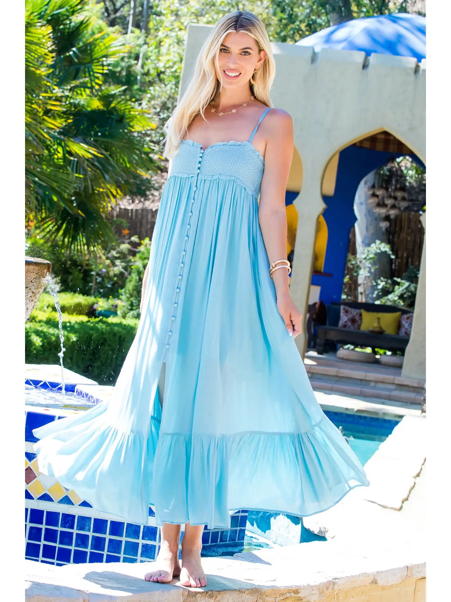 SKY BLUE SMOCKED BODICE MAXI DRESS