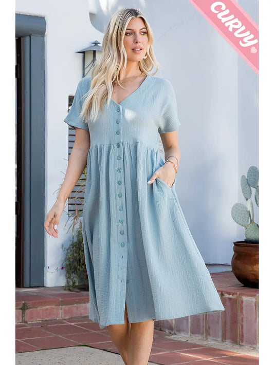 Misty Blue Plus Size Button Down Midi Dress