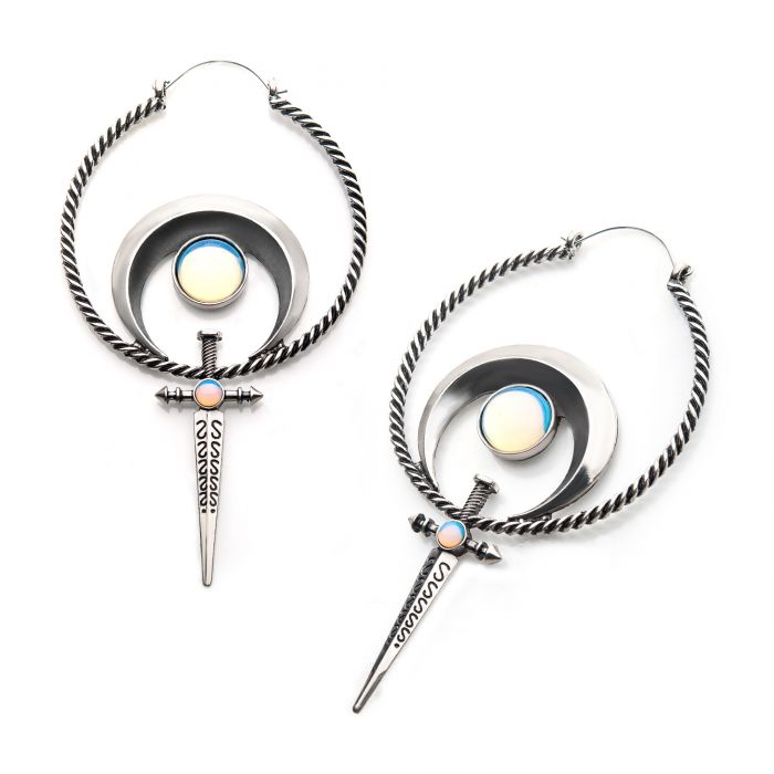 Stainless Steel with White Opalite and Silver Plated Moon and Sword Plug Hoops