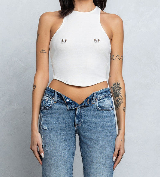 Nipple Ring Ribbed Crop Top