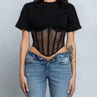 Mesh Bustier Boning Detail Short Slv Top