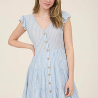 Blue Striped V-Neck Button Down Mini Dress