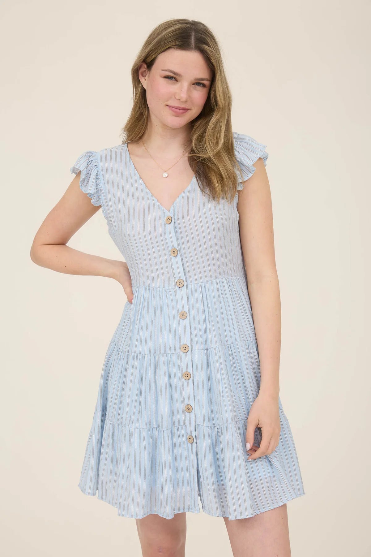 Blue Striped V-Neck Button Down Mini Dress