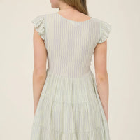 Light Olive Striped V-Neck Button Down Mini Dress