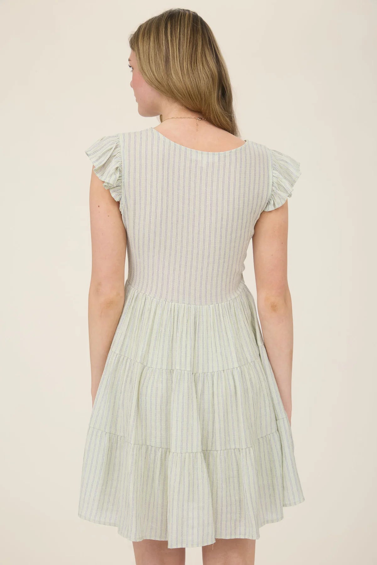 Light Olive Striped V-Neck Button Down Mini Dress