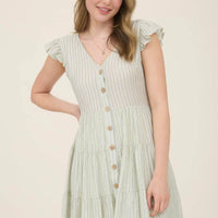 Light Olive Striped V-Neck Button Down Mini Dress