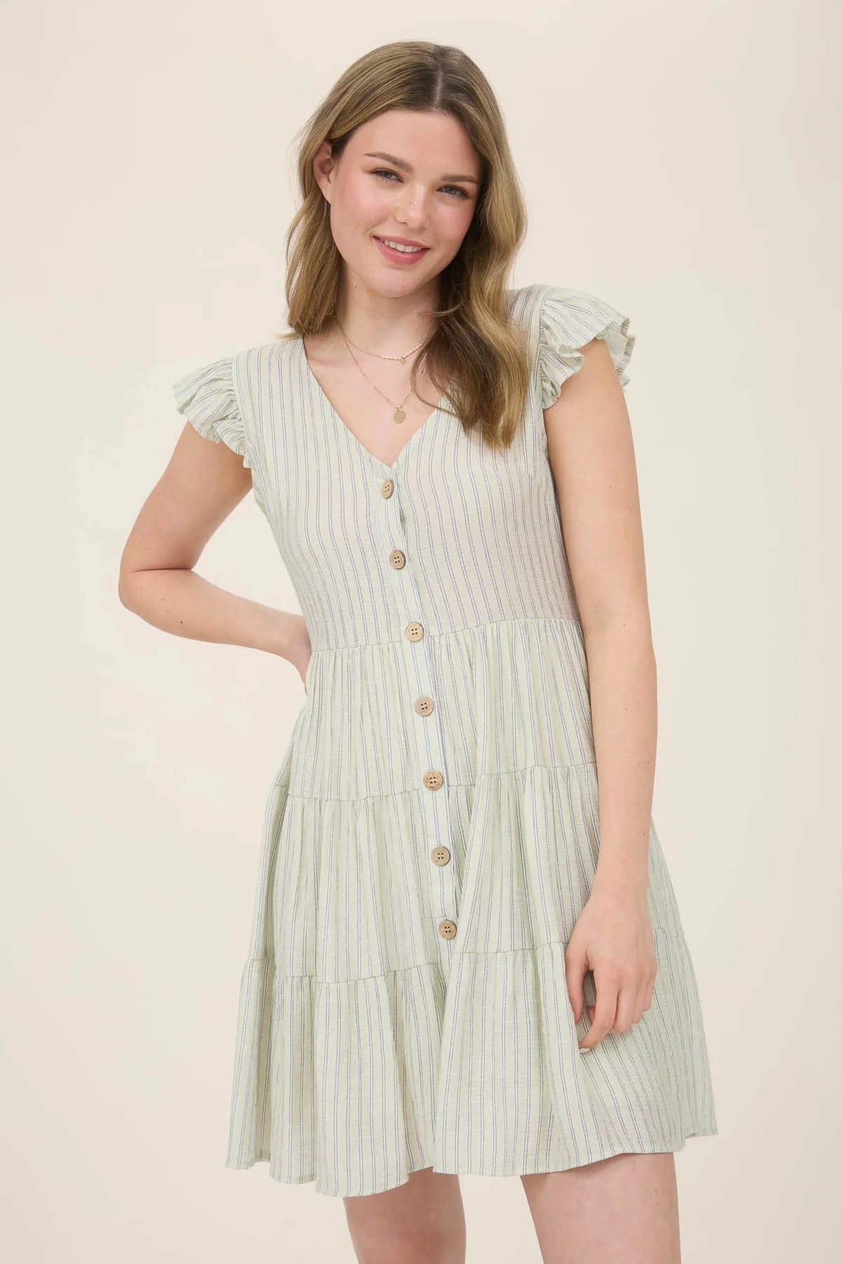 Light Olive Striped V-Neck Button Down Mini Dress