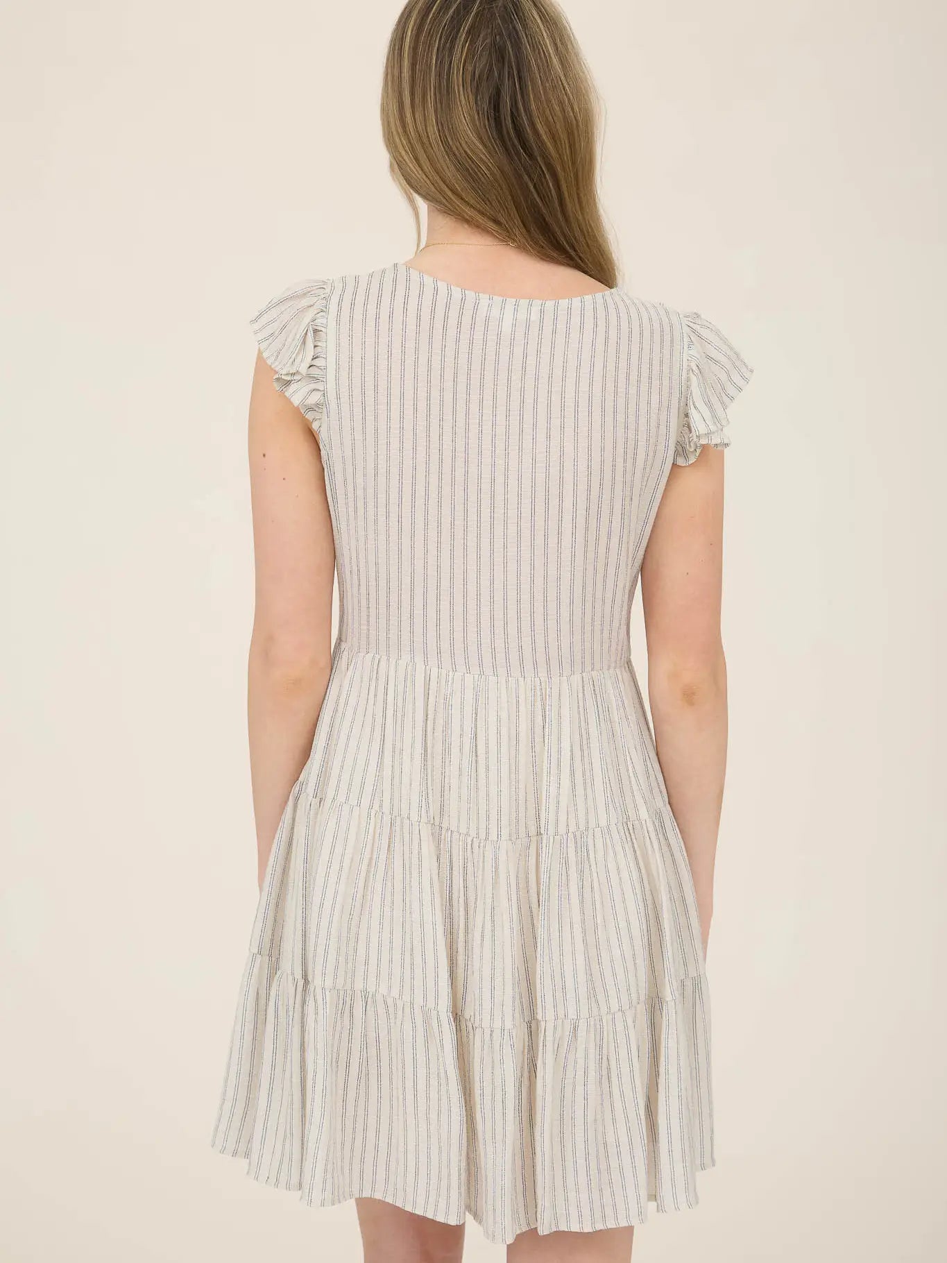 Stripe V-Neck Button Down Tiered Mini Dress