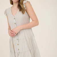 Stripe V-Neck Button Down Tiered Mini Dress