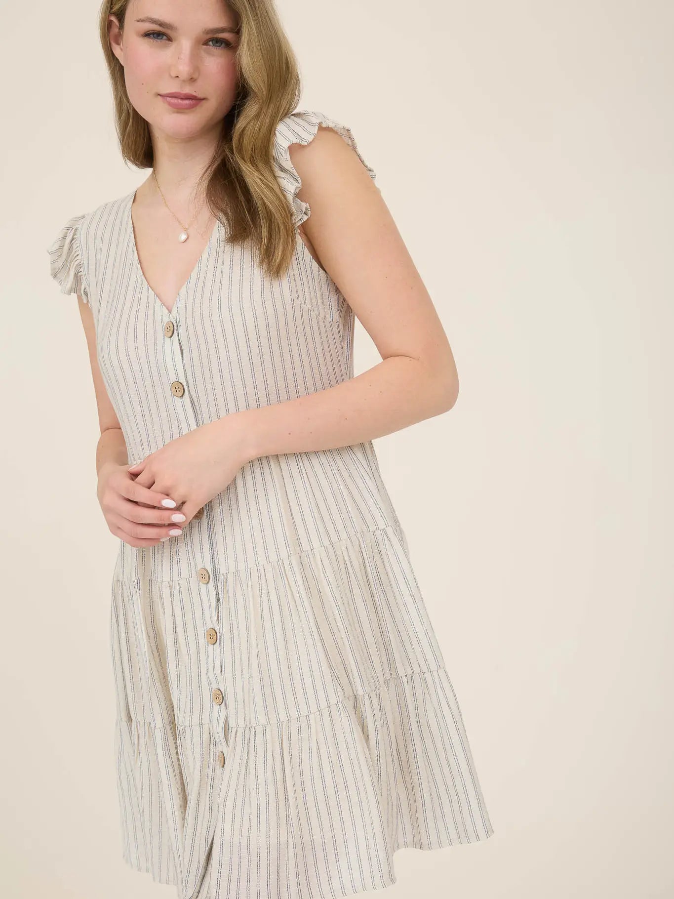 Stripe V-Neck Button Down Tiered Mini Dress