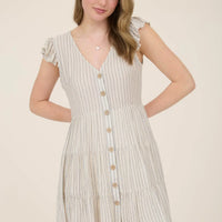 Stripe V-Neck Button Down Tiered Mini Dress