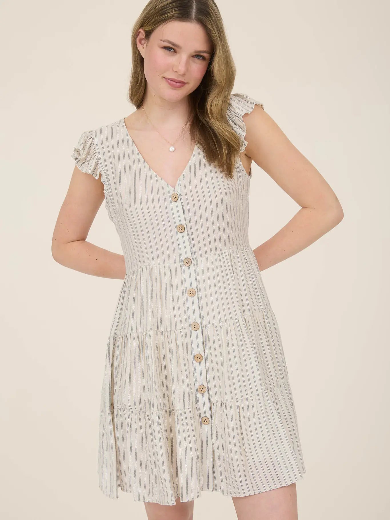 Stripe V-Neck Button Down Tiered Mini Dress