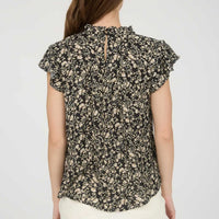 Black Floral Floral Lace Yoke Trim Ruffle Detail Short Sleeve Top